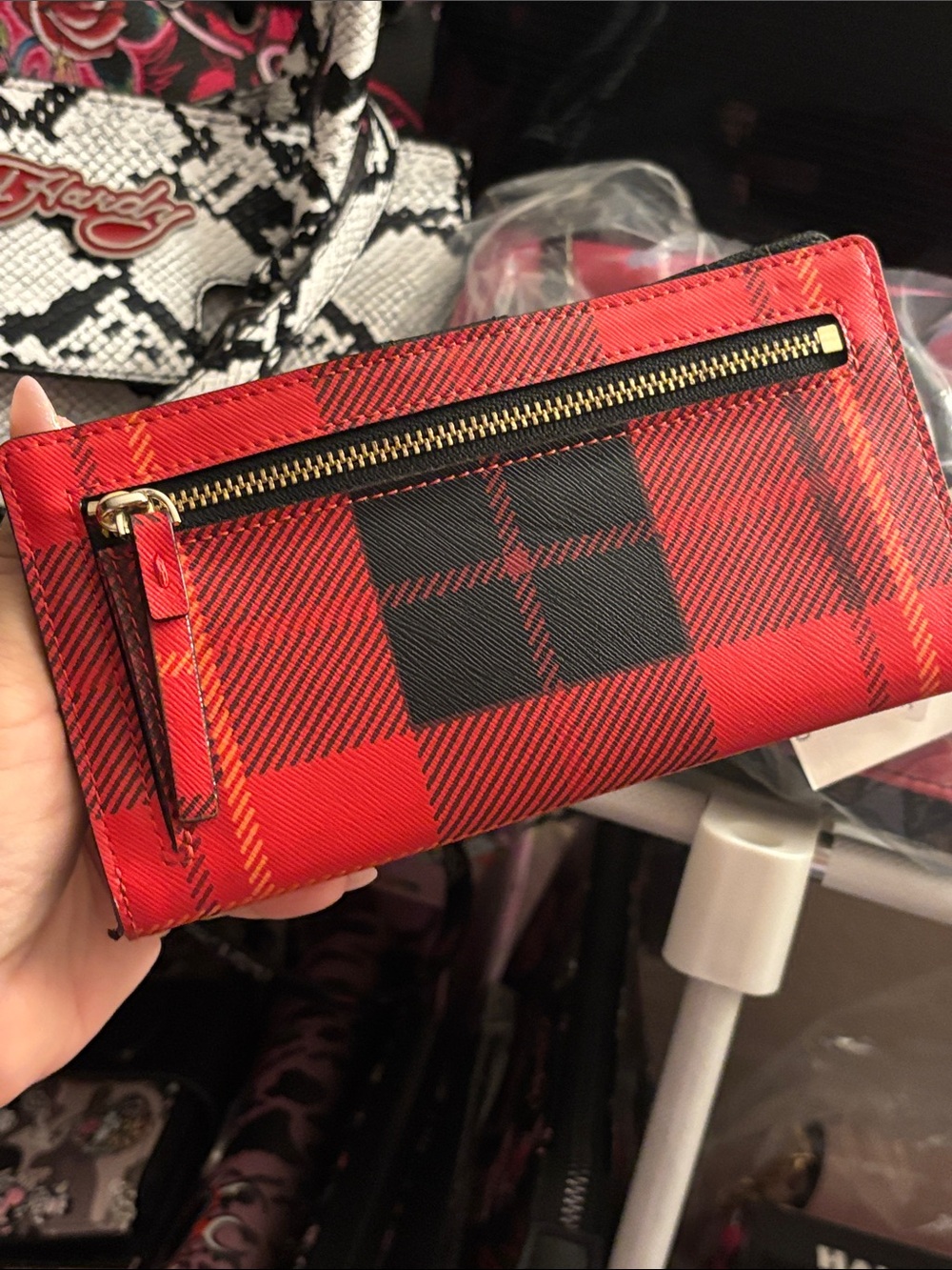 kate spade Red Black Plaid Zip Card Holder - Picture 4 of 11